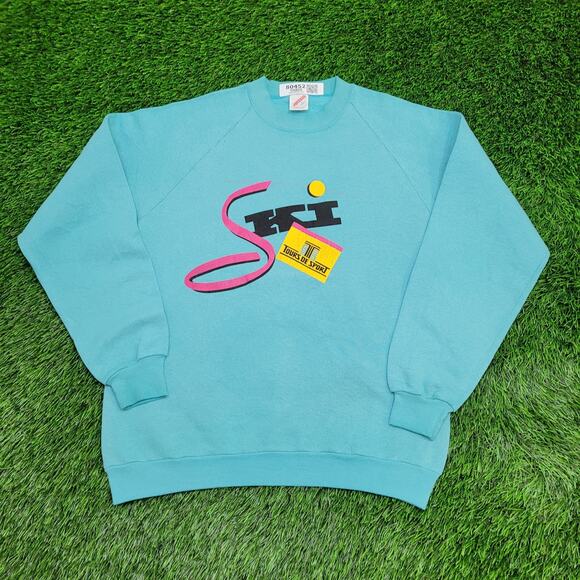 Vintage 80s Ski Sweatshirt Womens Large 20x25 Blue - Picture 1 of 12